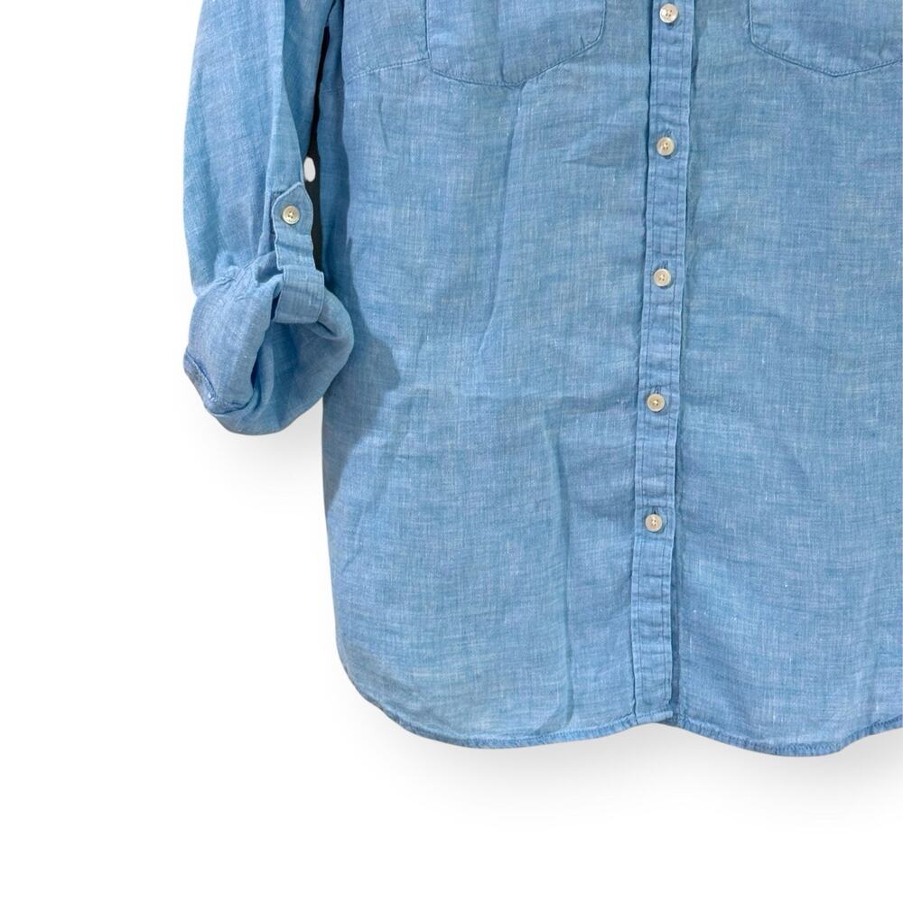 Talbots 100% Linen Button Front Shirt Small Turquoise Blue Long Roll Tab Sleeve - Picture 3 of 8